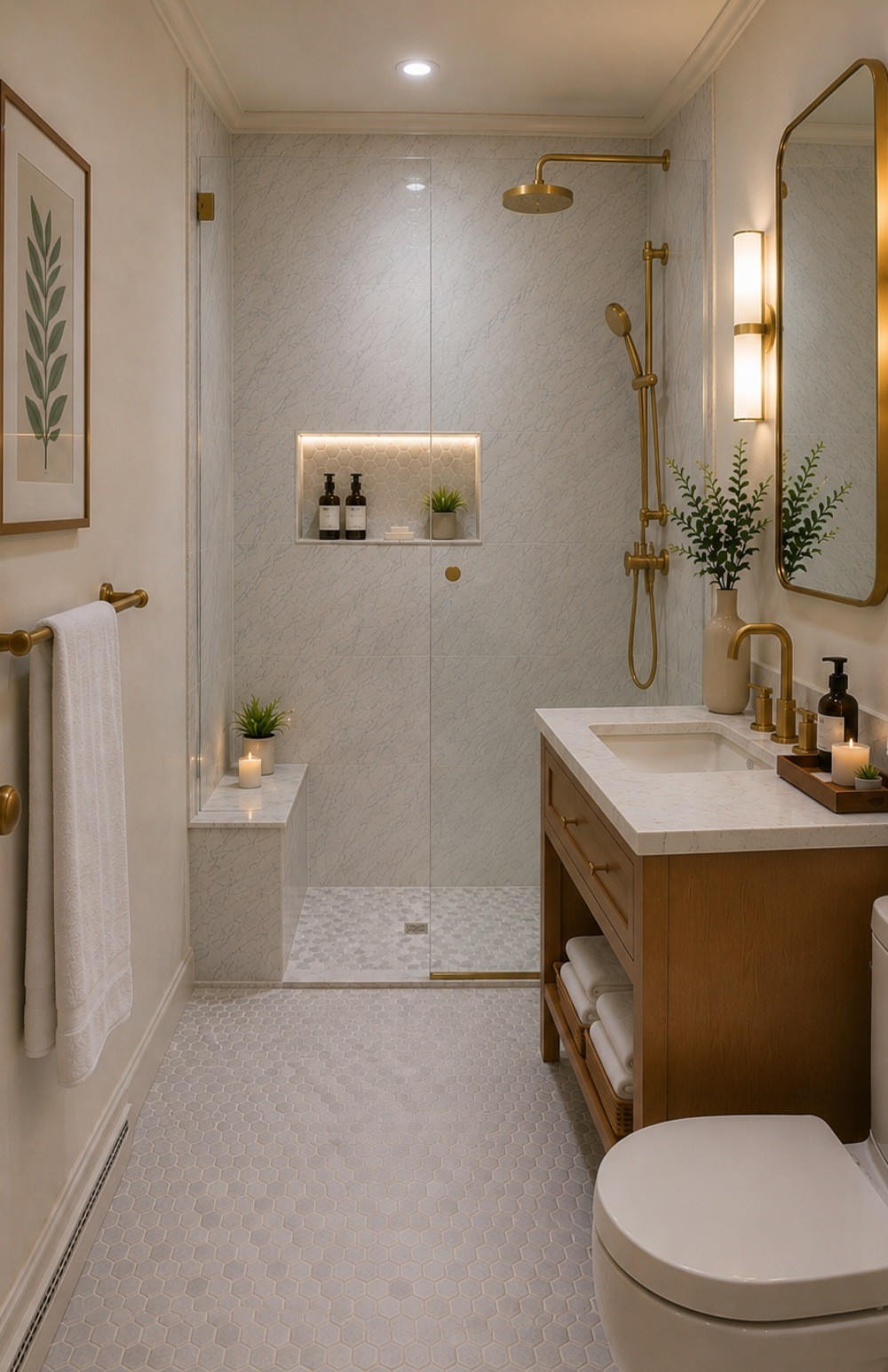 Rental bathroom concept with glass-enclosed shower, recessed niche, wood vanity, light tile and brass fixtures