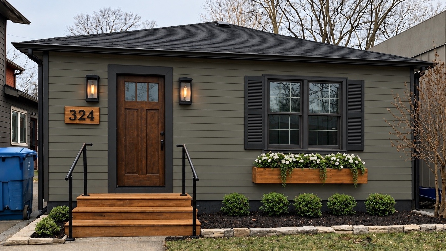 Downtown rental residence design concept with Mountain Road siding, Iron Ore accents, natural wood entry and cedar flower window box