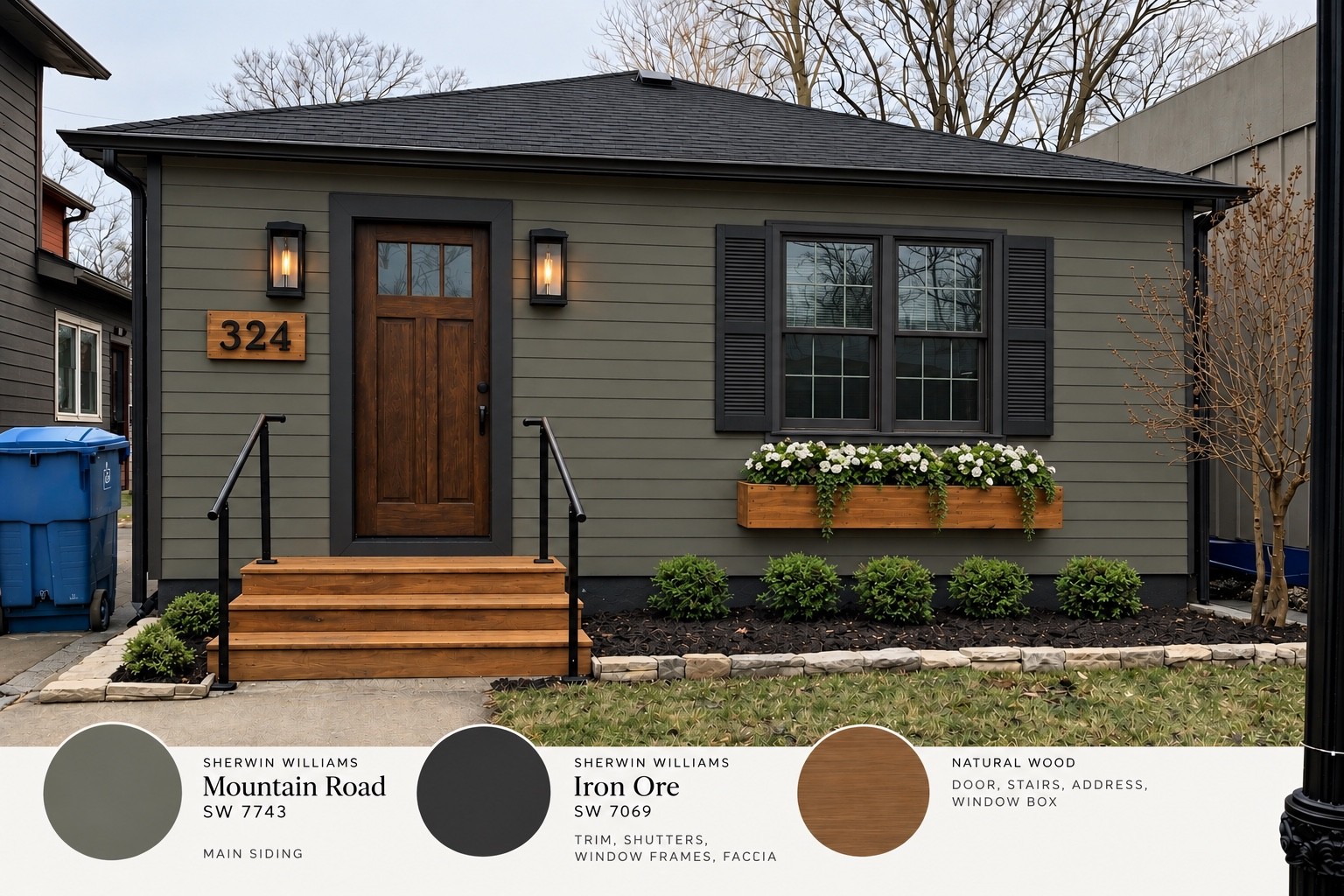 Downtown rental exterior concept with supplied Mountain Road SW 7743, Iron Ore SW 7069 and natural wood palette presentation