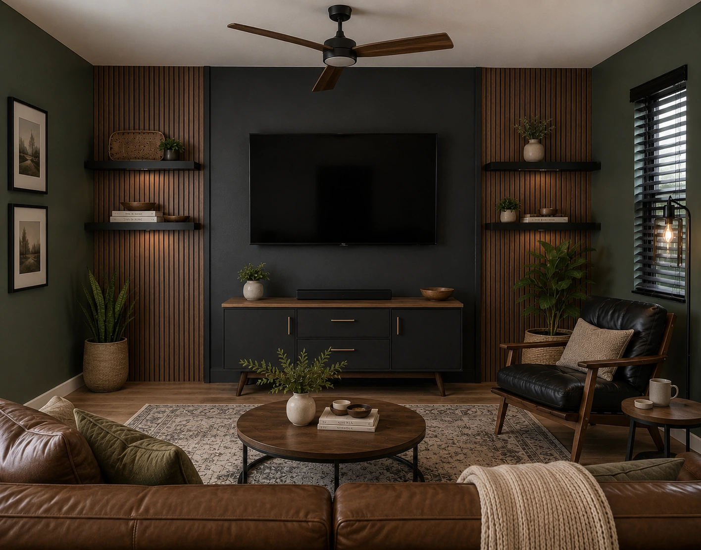 Proposed warm-modern rental living room with charcoal entertainment wall, vertical wood details, olive walls and leather furnishings