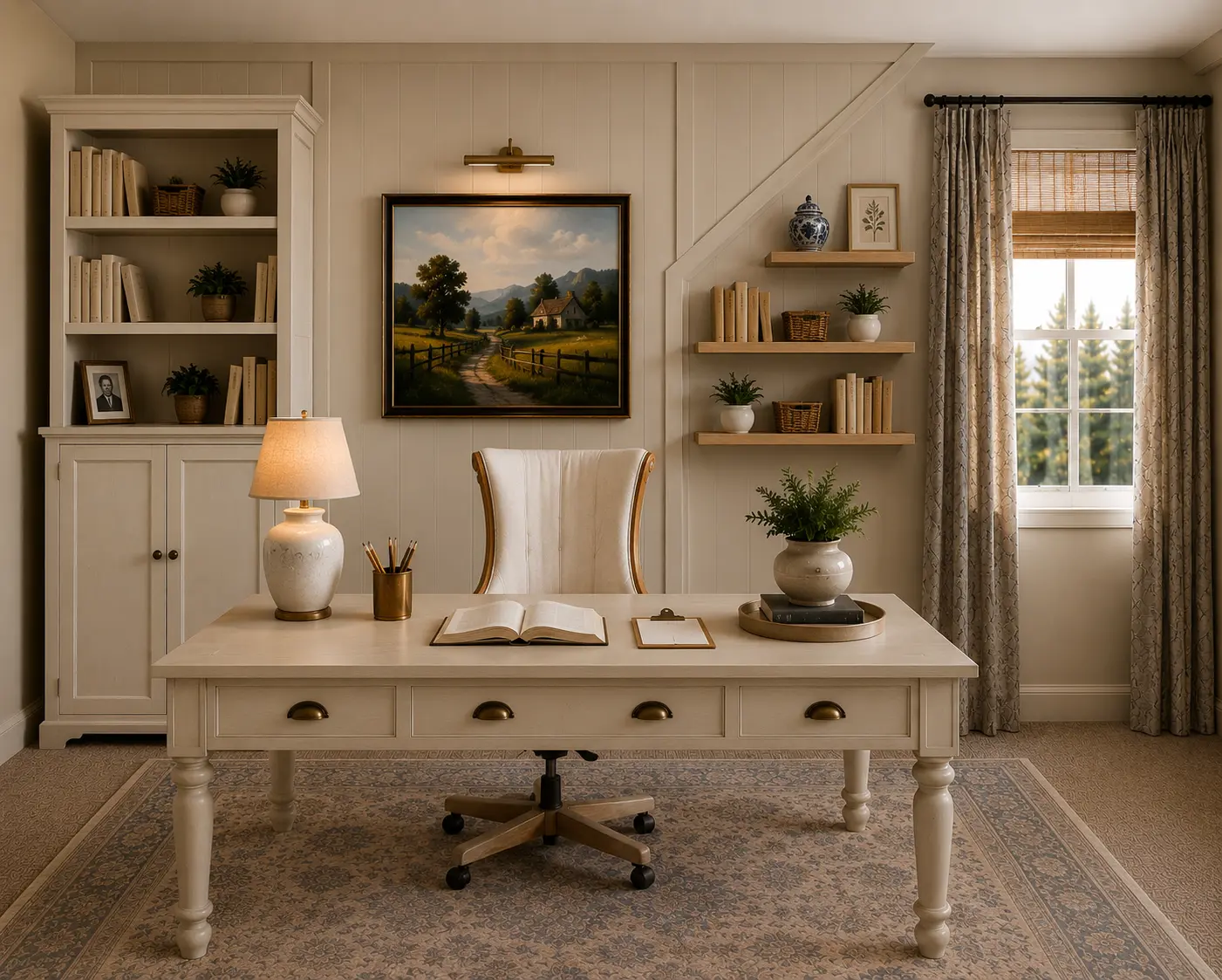Featured design concept: cream study desk, coordinated built-in shelving, paneled architectural wall, framed landscape artwork and window with woven shade