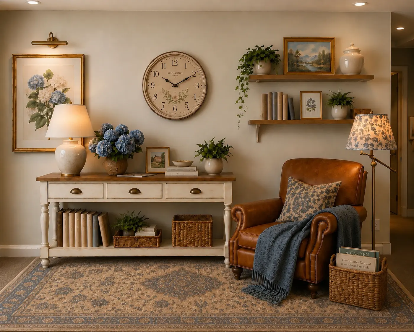 Design concept visualization of a collected reading corner with cream console, leather armchair, blue patterned rug, wall clock, botanical artwork and wood shelves