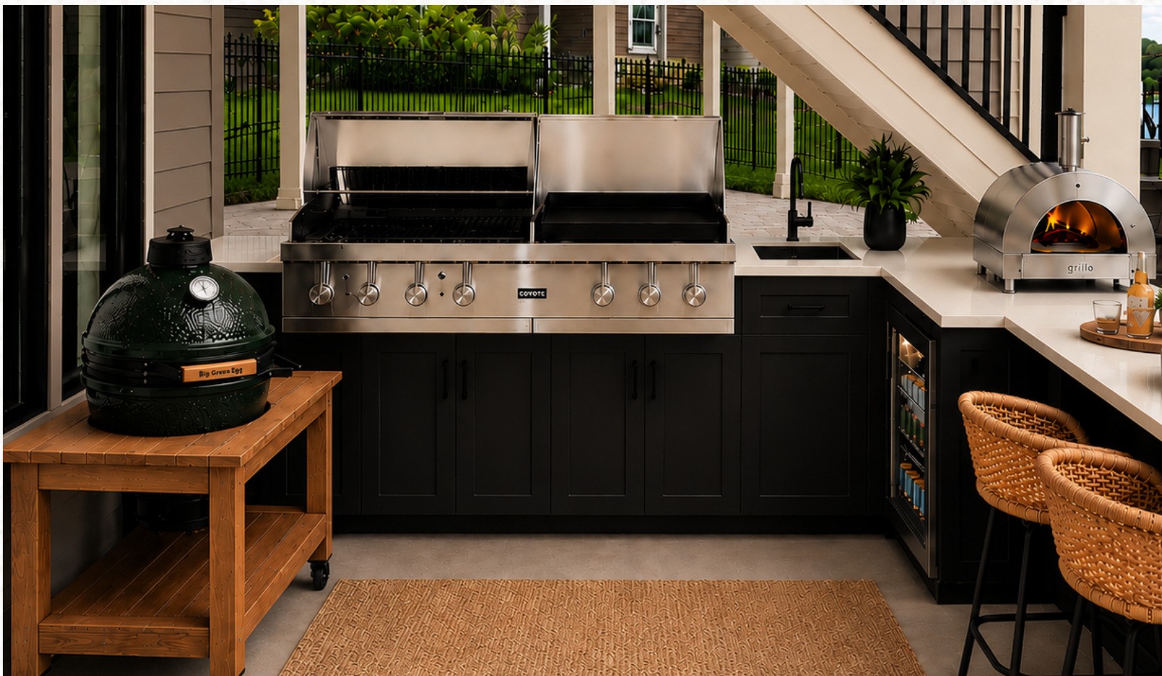 Featured Outdoor kitchen concept with grill, pizza oven, wood accents and seating beneath an exterior staircase