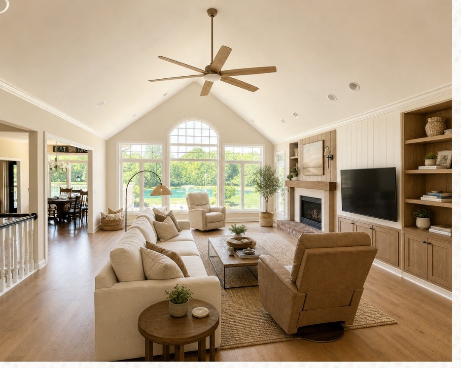 Warm-modern living room concept with creamy walls, natural wood cabinetry and a redesigned fireplace wall