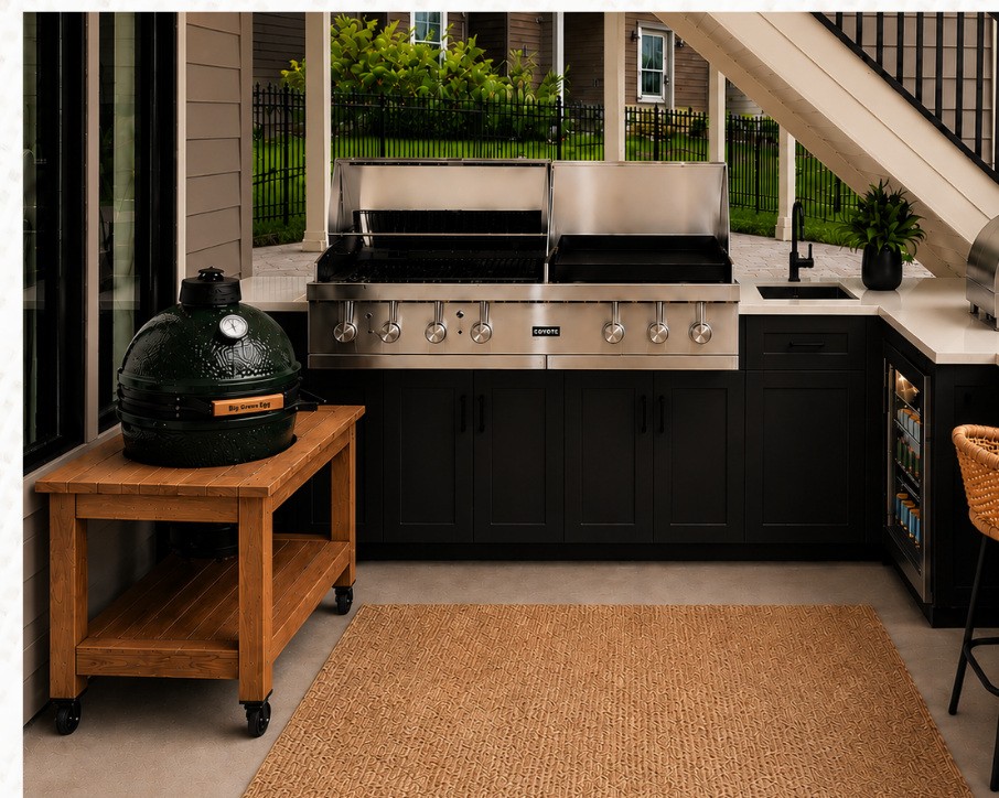 Outdoor kitchen concept beneath an exterior staircase with dark cabinetry, stainless-steel equipment and wood accents