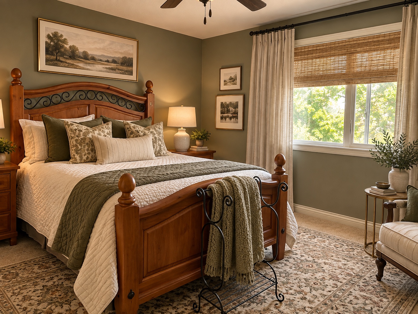Full bedroom design concept with Clary Sage walls, existing wood bed, layered bedding, window treatments and seating