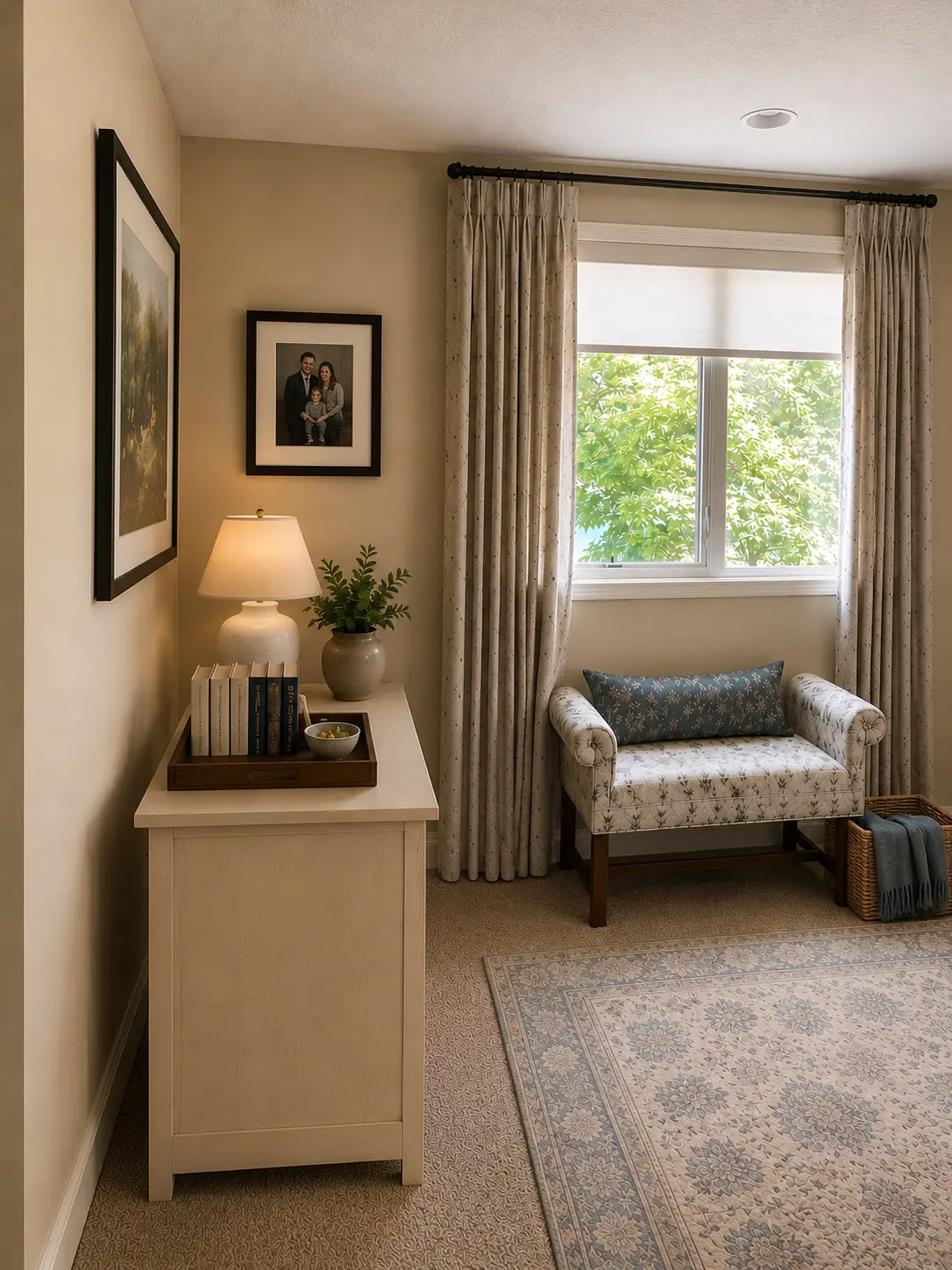 Design concept visualization of an upholstered reading bench beneath the window with cream cabinetry, coordinated curtains, patterned rug, artwork and table lamp
