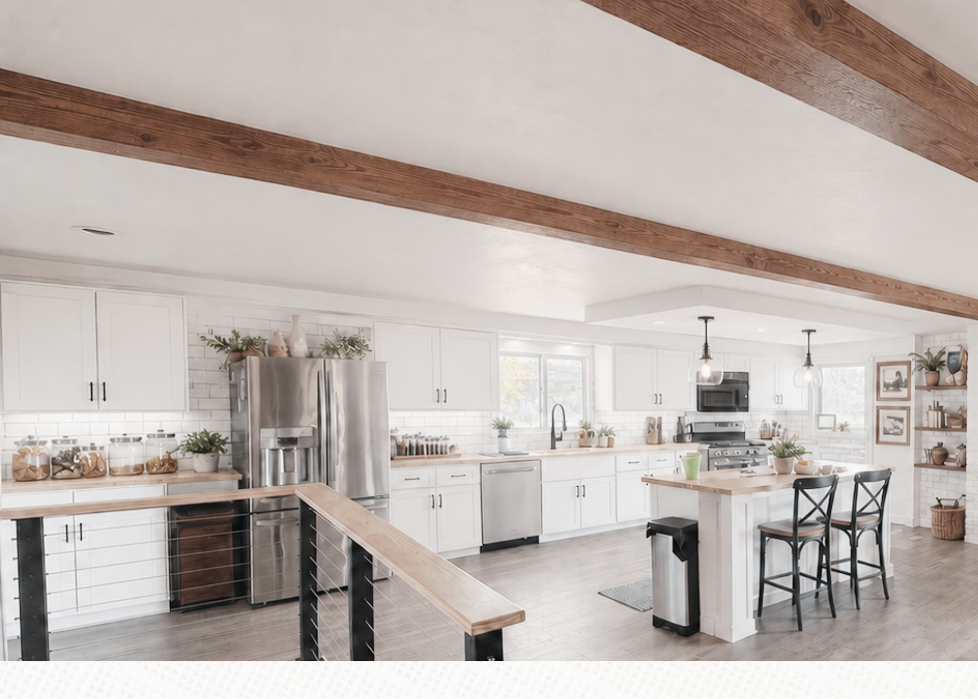 Design concept visualization of the kitchen with refreshed white cabinetry, warm wood ceiling beams and coordinated finishes